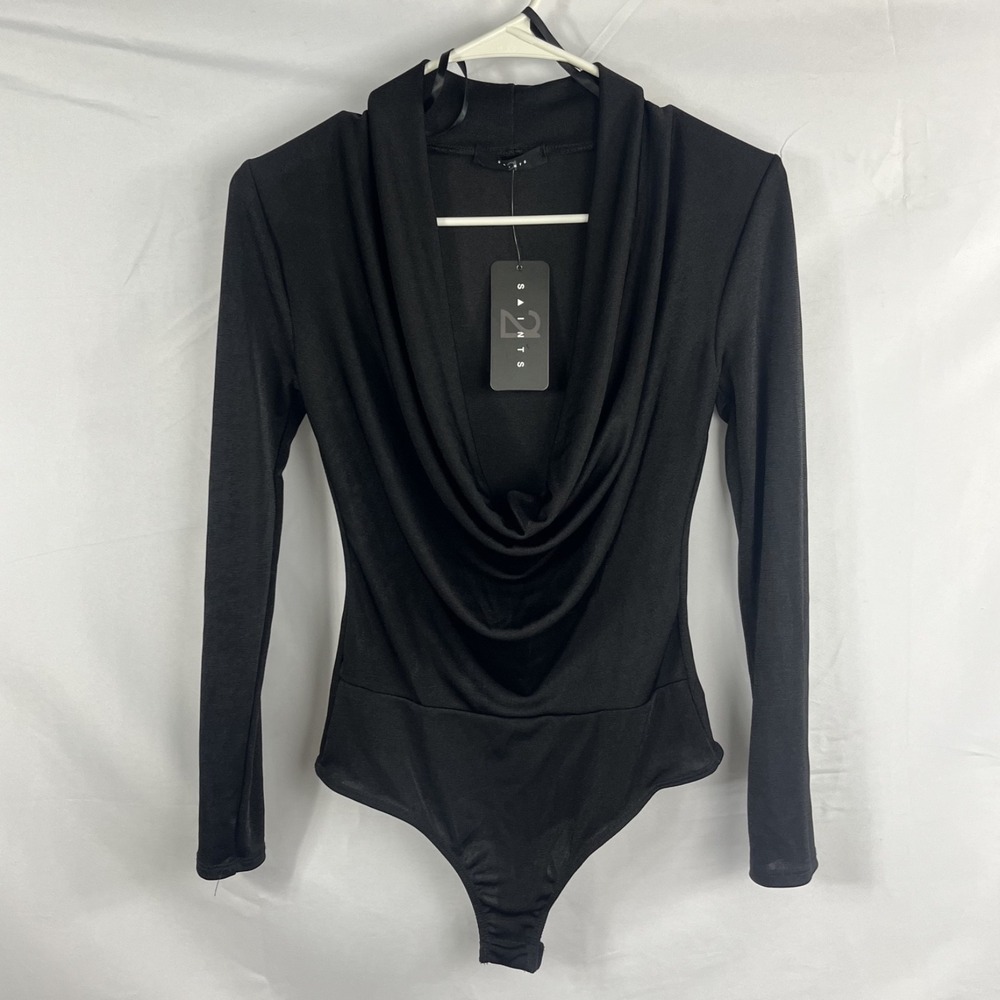 21 Saints Women Black Long Sleeve Cowl Neck Draped Bodysuit Size S T1100-1 NEW